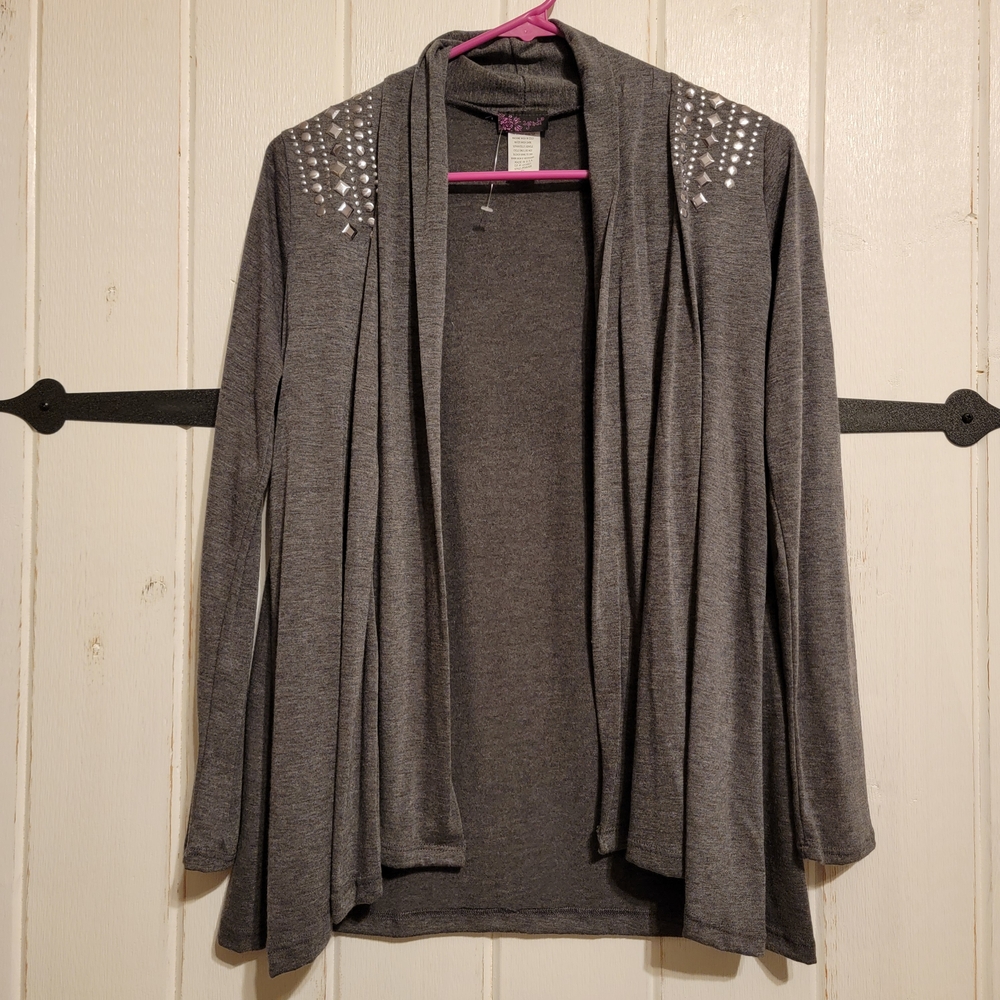 Agenda Womens Cardigan Gray Embellished Sweater Long Sleeve Size Small